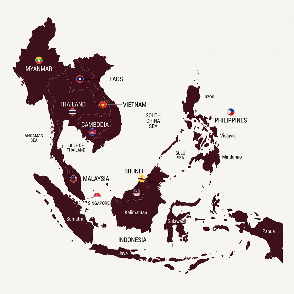 Modern ASEAN Regional Map with Country Flags