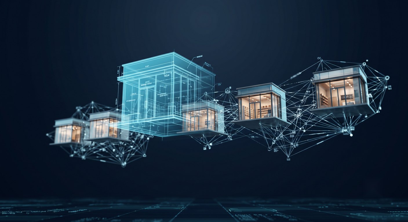 Modular franchise outlets linked in a network, one rendered as a glowing architectural blueprint, representing franchise brand and territory protection