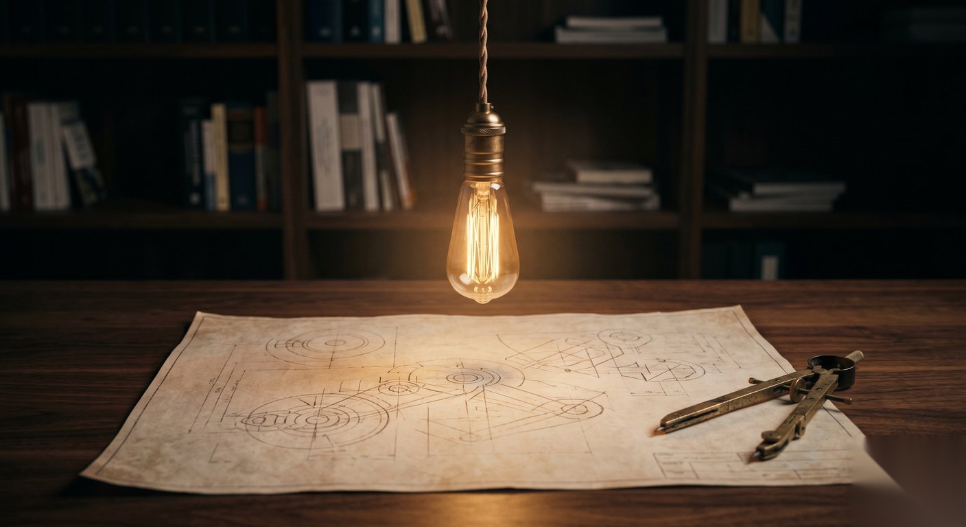 Patentability in Malaysia: Edison bulb illuminating a vintage blueprint and brass drafting compass