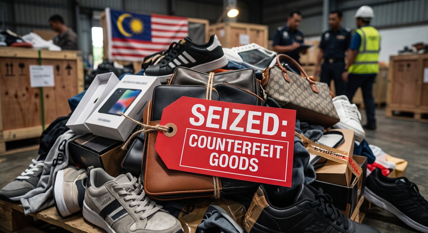 Seized counterfeit goods tagged as evidence at a Malaysian enforcement warehouse